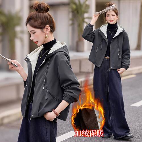 休闲连帽棉服女加绒加厚宽松保暖灰色棉衣外套冬季小众洋气宽松温