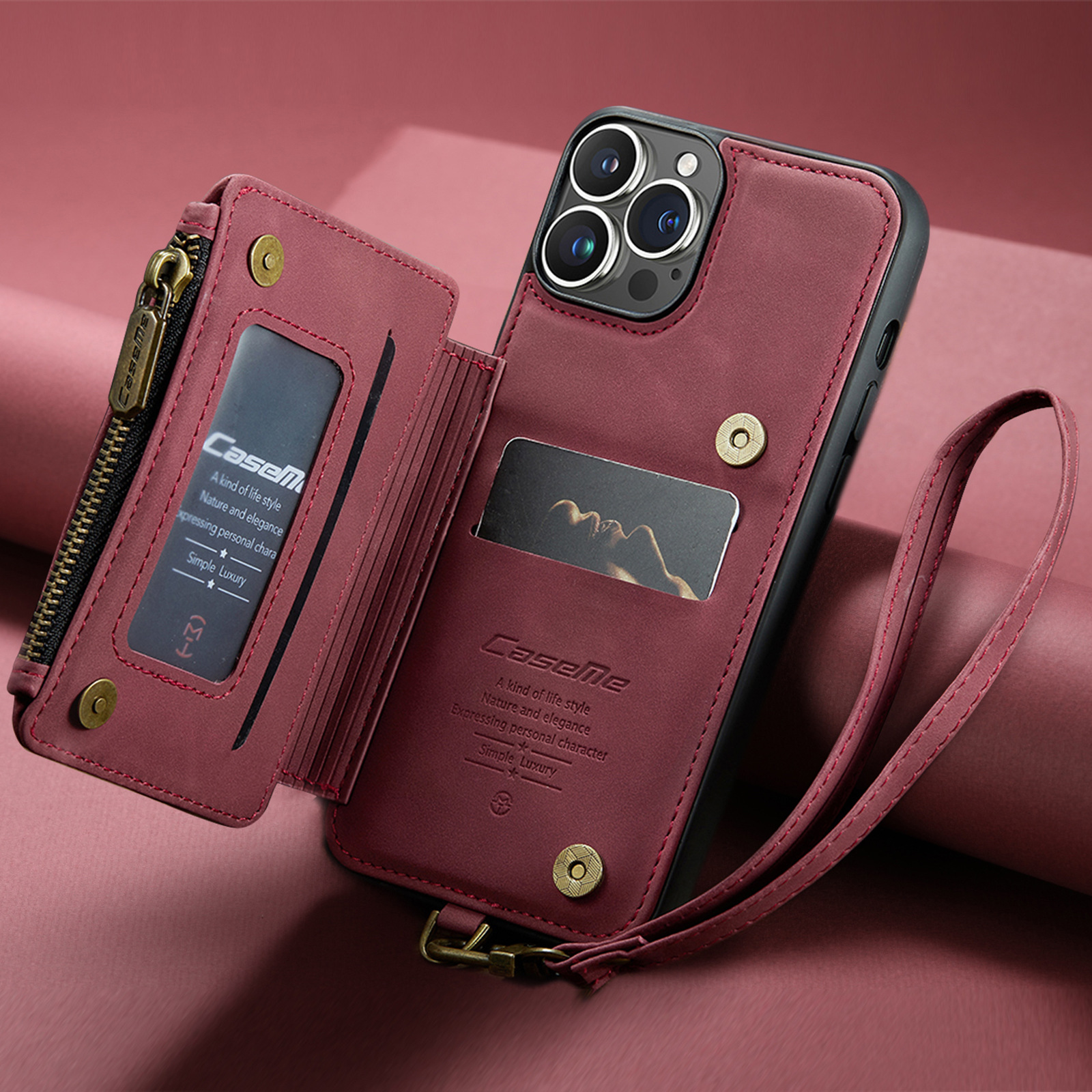 苹果15磨砂后盖支架插卡手绳皮套