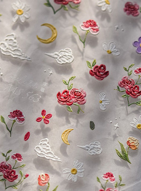 红色玫瑰美甲贴纸tomoni浮雕背胶小雏菊花朵指甲贴纸5d日系装饰品