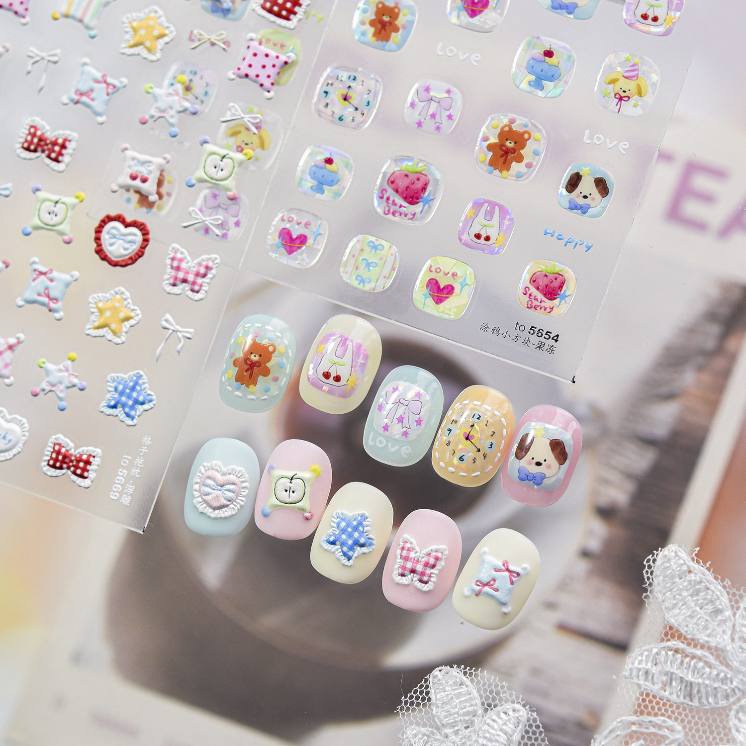甜美格子抱枕美甲贴纸2026新款浮雕3d立体小孩可爱指甲贴纸装饰品
