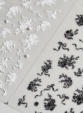 晶钻黑白色蕾丝蝴蝶结花朵美甲贴纸tomoni背胶日系5d指甲贴纸装饰