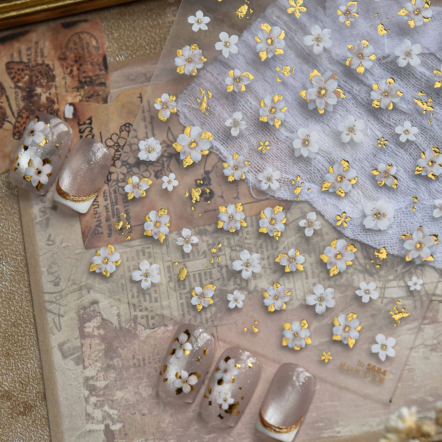 金箔桃花美甲贴纸2026新款浮雕3d立体复古金色花朵指甲贴纸装饰品