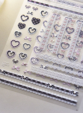 甜酷蕾丝爱心蝴蝶结美甲贴纸tomoni日系格子晶钻指甲贴纸美甲饰品