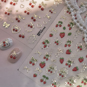 烫金草莓蝴蝶结美甲贴纸浮雕3d新款 5d立体网红ins樱桃指甲贴装 饰