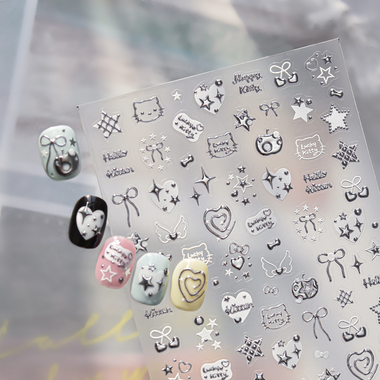 银色爱心猫猫美甲贴纸2026新款浮雕3d立体朋克星芒指甲贴纸装饰品