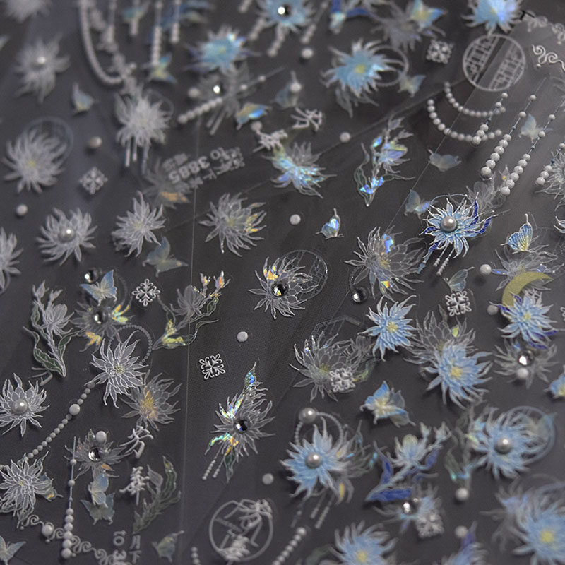 晶钻贝壳光白蓝色昙花朵美甲贴纸tomoni浮雕爆款5d指甲贴纸装饰品