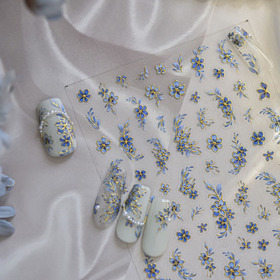 国风金边青花瓷美甲贴纸浮雕装饰