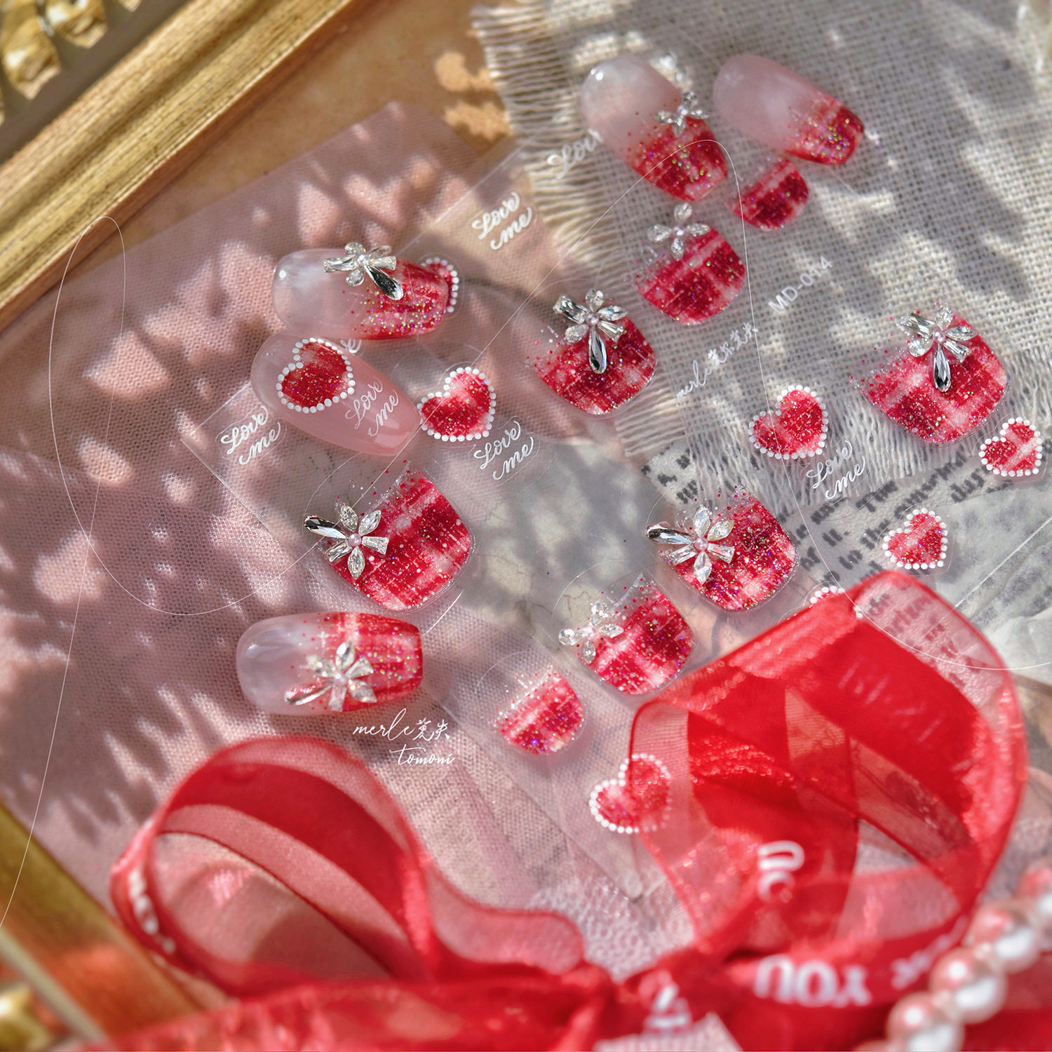 红色毛呢拼钻美甲贴纸浮雕新款3d立体高级感轻奢风指甲贴指装饰品