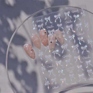 贝壳光黑白色蝴蝶结美甲贴纸tomoni浮雕5d日系透色指甲贴纸装 饰品