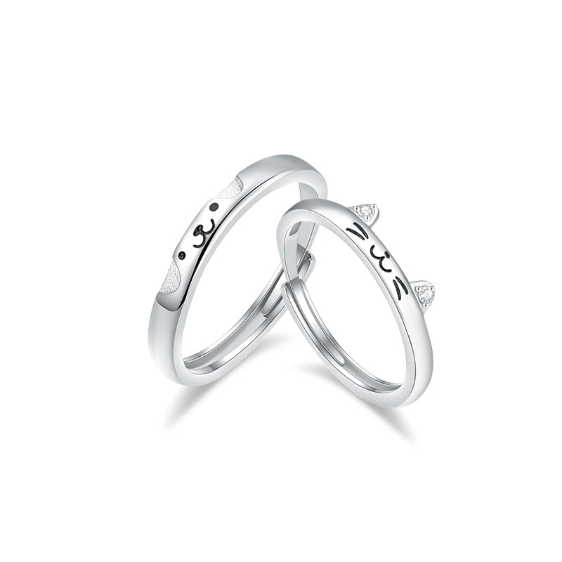 s999纯银猫狗日记情侣款戒指创意小众素圈卡通萌趣对戒饰品批发