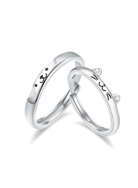 s999纯银猫狗日记情侣款戒指创意小众素圈卡通萌趣对戒饰品批发