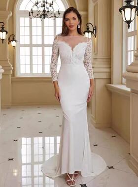 dress banquet wedding white train lace sleeve long clothing