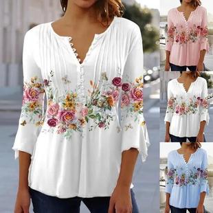 neck bottoming short button floral sleeved womens Fashion