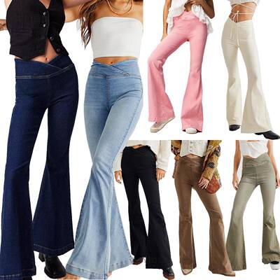 trousers flared denim stretch fit slim waistband irregular