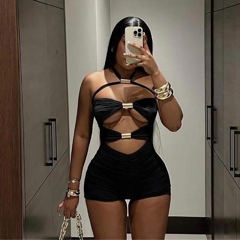 lace-up hollow Street girl jumpsuit halter solid hot sexy