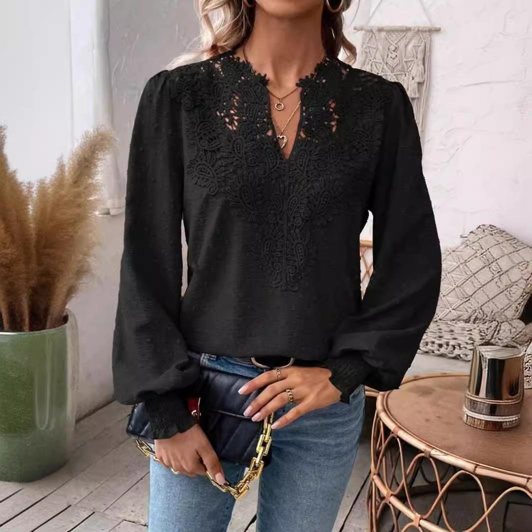 camisas ladies casual long solid panel lace fashion new