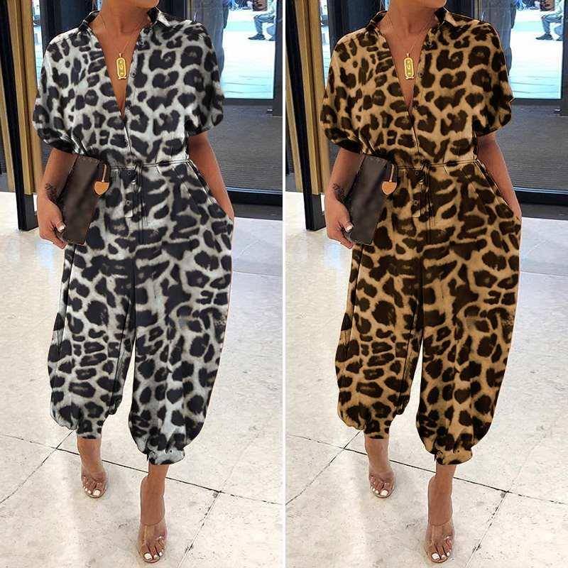 Sleeve Casual Women Print Large Jumpsuit Retro Button Loose
