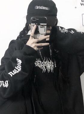 2021秋冬卫衣女式宽松街头装黑色运动衫印花连帽衫时尚长女式上衣