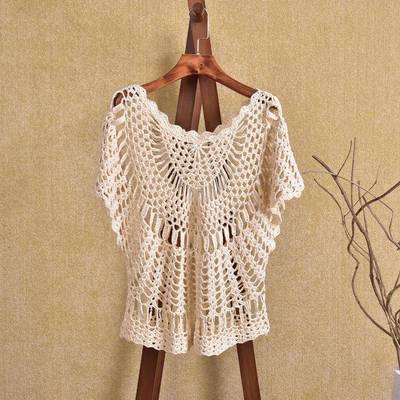 Beaded round hand neck womens hook top flower lace blouse