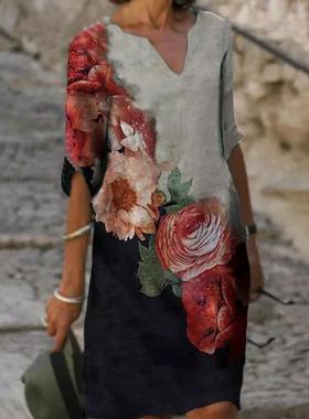 Summer flower rendering fashion V-neck mid-sleeve mid-waist