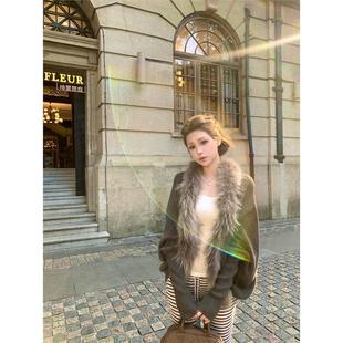 kumikumi设计感重工毛领小众气质长袖毛衣开衫女秋季宽松百搭上衣