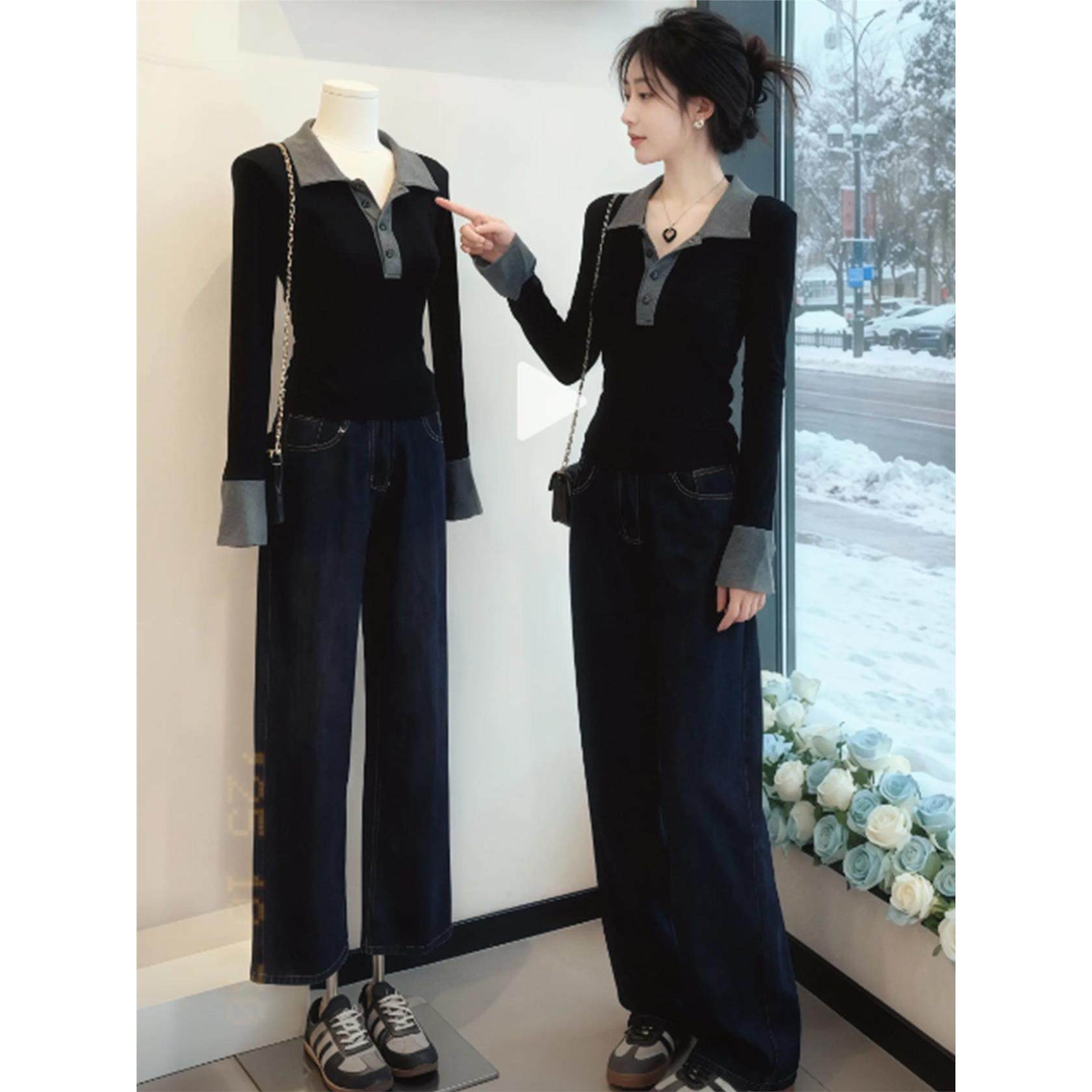 黑灰撞色半开翻领修身内搭针织衫女2025秋冬季韩系穿搭慵懒感上衣,个性定制/设计服务/DIY,棉服工装,淘宝优惠券,粉丝福利购,淘宝优惠卷