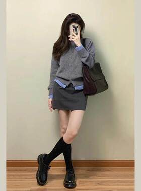 灰色假两件针织开 衫女早秋韩系慵懒风软糯毛衣外套设计感气质上