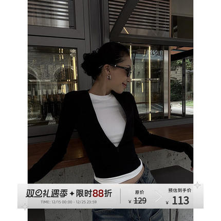 野生zero撞色假两件针织衫女秋冬新款设计感小众修身显瘦长袖上衣