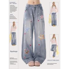 Rayohopp星星贴布牛仔裤女2025秋季新款直筒裤子宽松百搭阔腿长裤