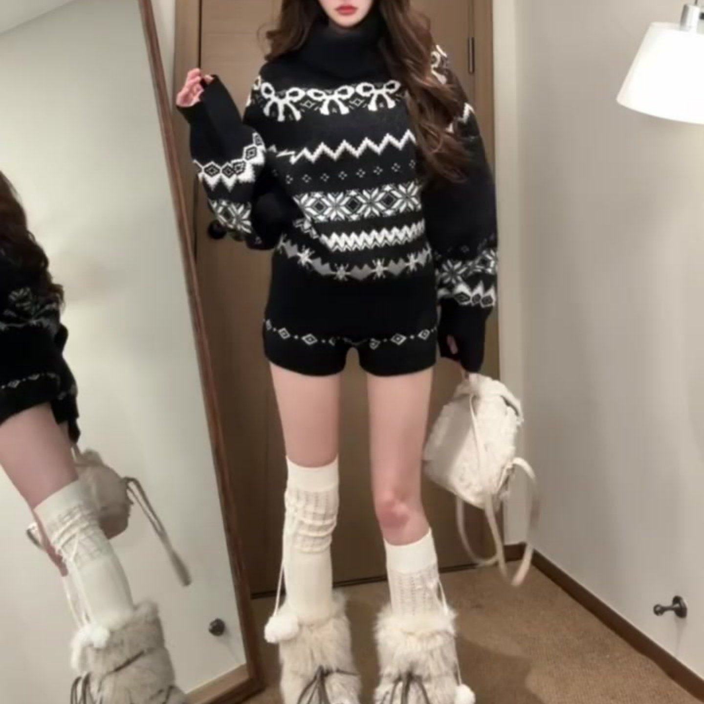 费尔岛套装女秋冬季小个子黑色加厚高领针织毛衣休闲短裤子两件套