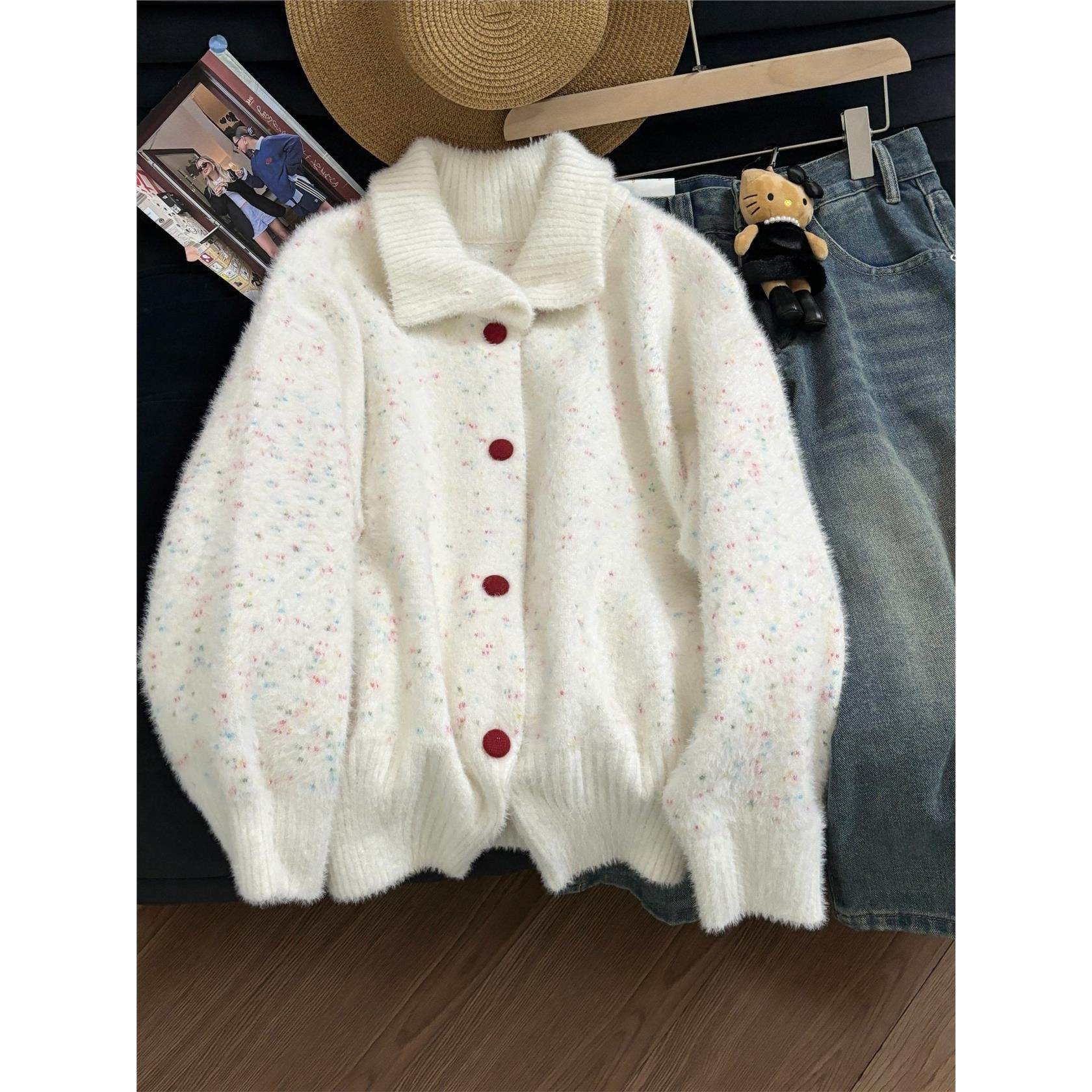 韩系甜美彩点白色水貂绒毛衣外套女冬季宽松慵懒风针织开衫上衣潮