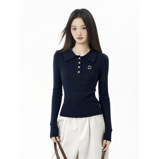 iiiamX藏蓝色正肩polo领针织衫上衣女秋冬季内搭修身翻领打底毛衣