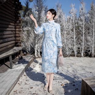 蓝色过冬旗袍年轻款2026年新款冬季复古修身收腰国风改良日常可穿