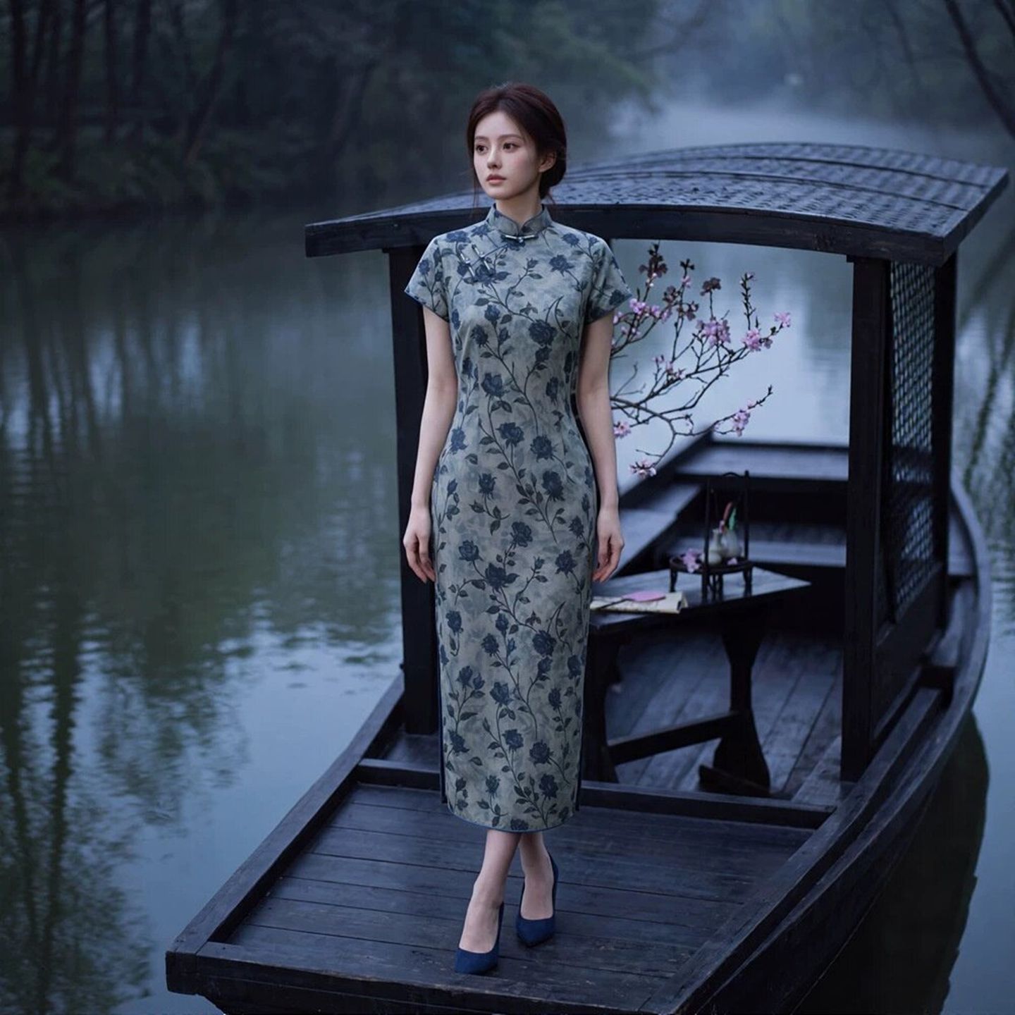 大花藏青色网纱可以上班穿的旗袍女2026年夏季新款印花短袖年轻款