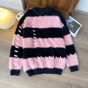 网图秋冬条纹圆领毛衣男女慵懒风情侣水貂绒针织衫M5625-特P50图片