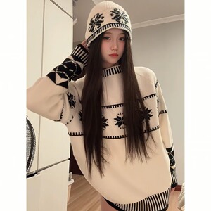 网图圆领毛衣男女费尔岛宽松套头针织毛线帽子两件套MY861-特P55图片