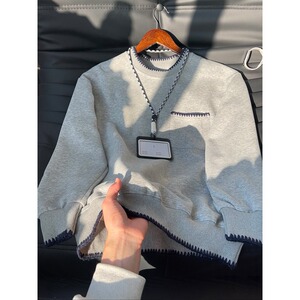 网图美式灰色卫衣男秋冬小领口t恤圆领内搭打底衫WZ07-特P50图片