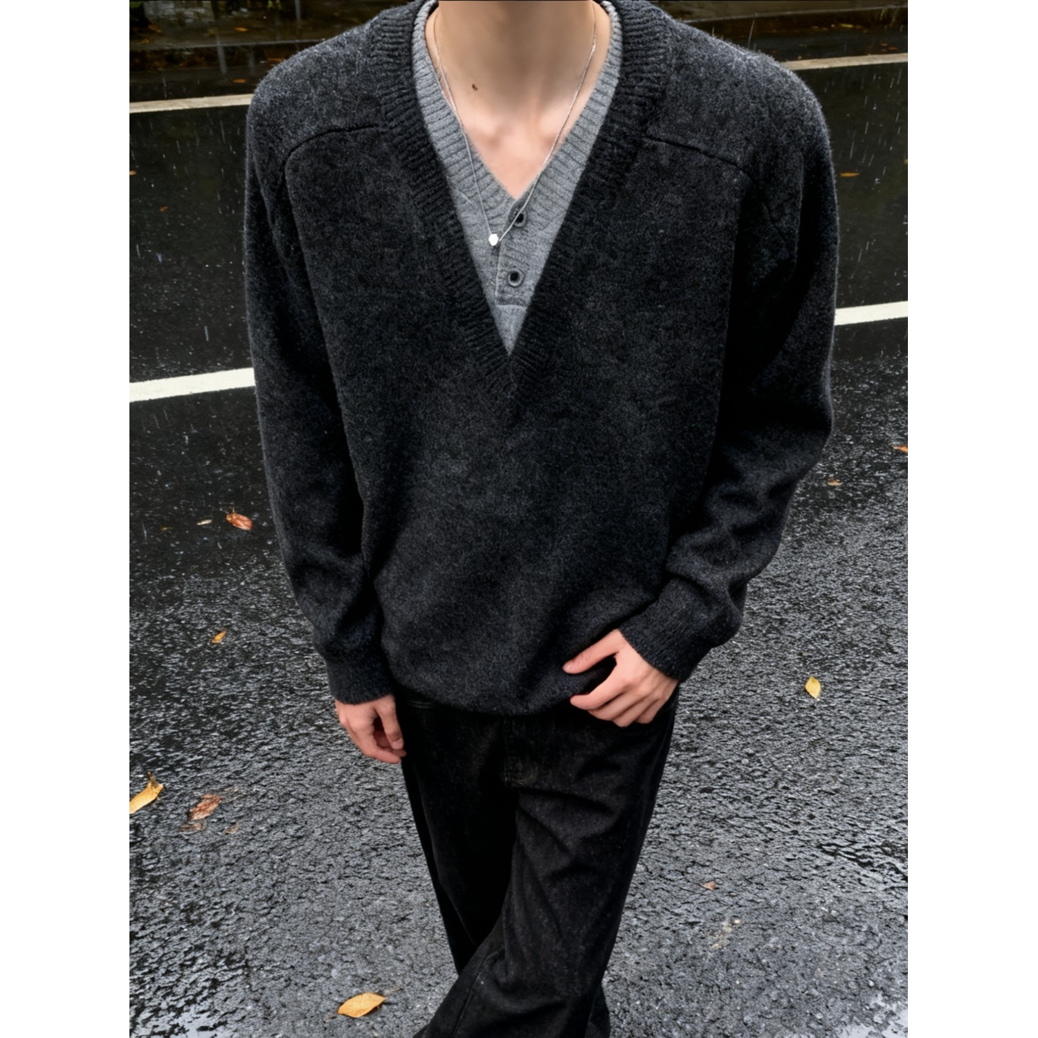 韩版假两件拼接V领针织衫男慵懒风纯色套头毛衣潮MM403-特P65，男装针织衫/毛衣，星座1007（原301D）