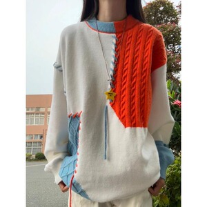 绿色拼接毛衣男秋冬圆领套头针织衫美式复古毛线衣YY102-特P45图片
