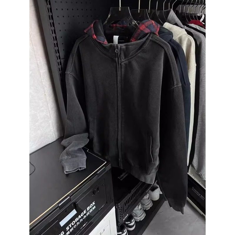 网图格子拼接连帽卫衣男女款复古假两件外套MY808-特P65，女装短外套，星座1007（原301D）