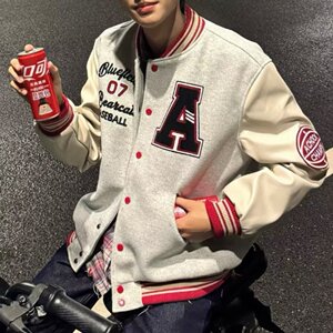 网图美式秋季刺绣拼皮夹克棒球服外套男VV95-特P70图片