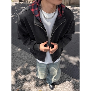 网图格子拼接连帽卫衣男女款复古假两件外套MY808-特P65，女装短外套，星座1007（原301D）