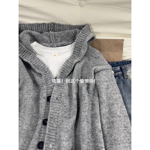 网图灰色连帽纽扣开衫毛衣男女秋季宽松针织衫YTM76-特P55图片
