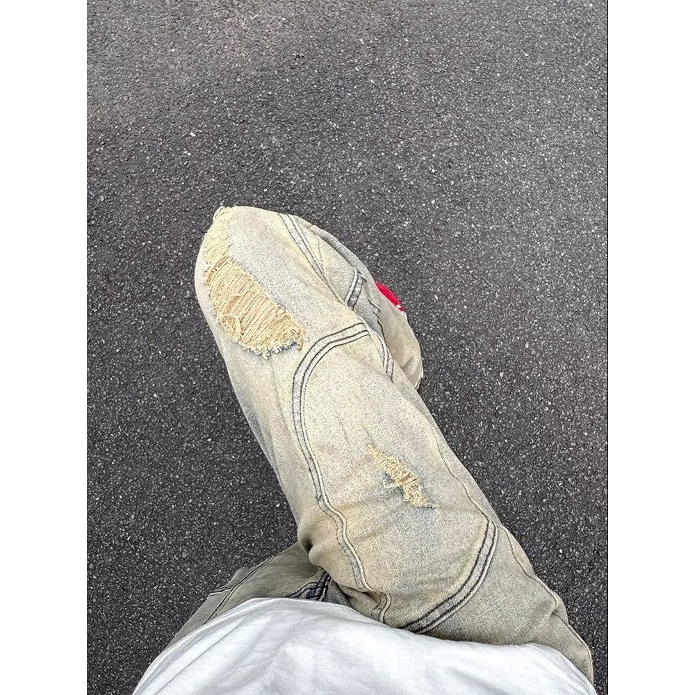 网图黄泥染破洞牛仔裤男美式裤子直筒拉链开叉微喇裤CC636-特P48，男装牛仔裤，星座1007（原301D）