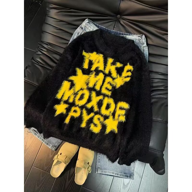 网图字母连帽毛衣女秋冬加绒宽松百搭慵懒风毛衣YM7385-特P50，男装针织衫/毛衣，星座1007（原301D）