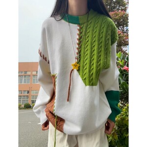 绿色拼接毛衣男秋冬圆领套头针织衫美式复古毛线衣YY102-特P45图片