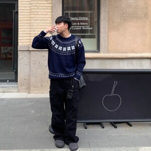 网图费尔岛提花针织衫毛衣男女情侣上衣潮YM650-特P60图片