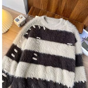 软糯水貂绒条纹撞色毛衣女秋冬季宽松针织衫M576特P-50图片
