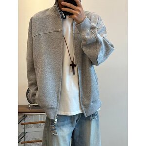 网图美式立领灰色开衫卫衣男宽松情侣款外套夹克yy82-特p50图片