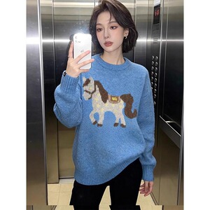 网图马上有钱小马毛衣男女款宽松慵懒情侣针织衫YM416-特P75图片